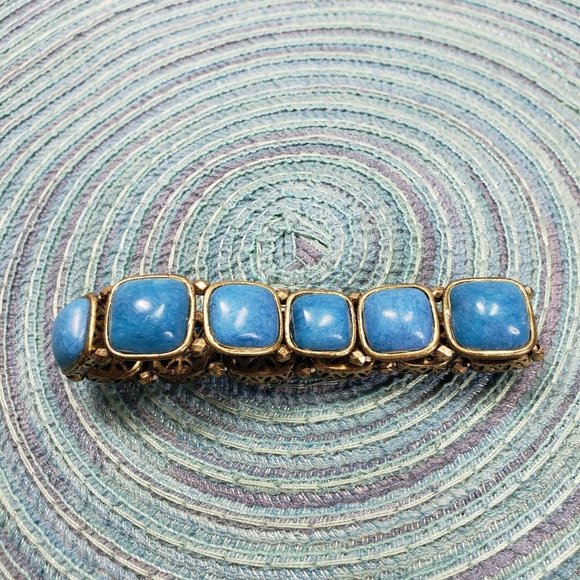 Fossil Stretch Square Blue Beaded Link Bracelet Dark Gold Hardware 7" - Picture 5 of 8